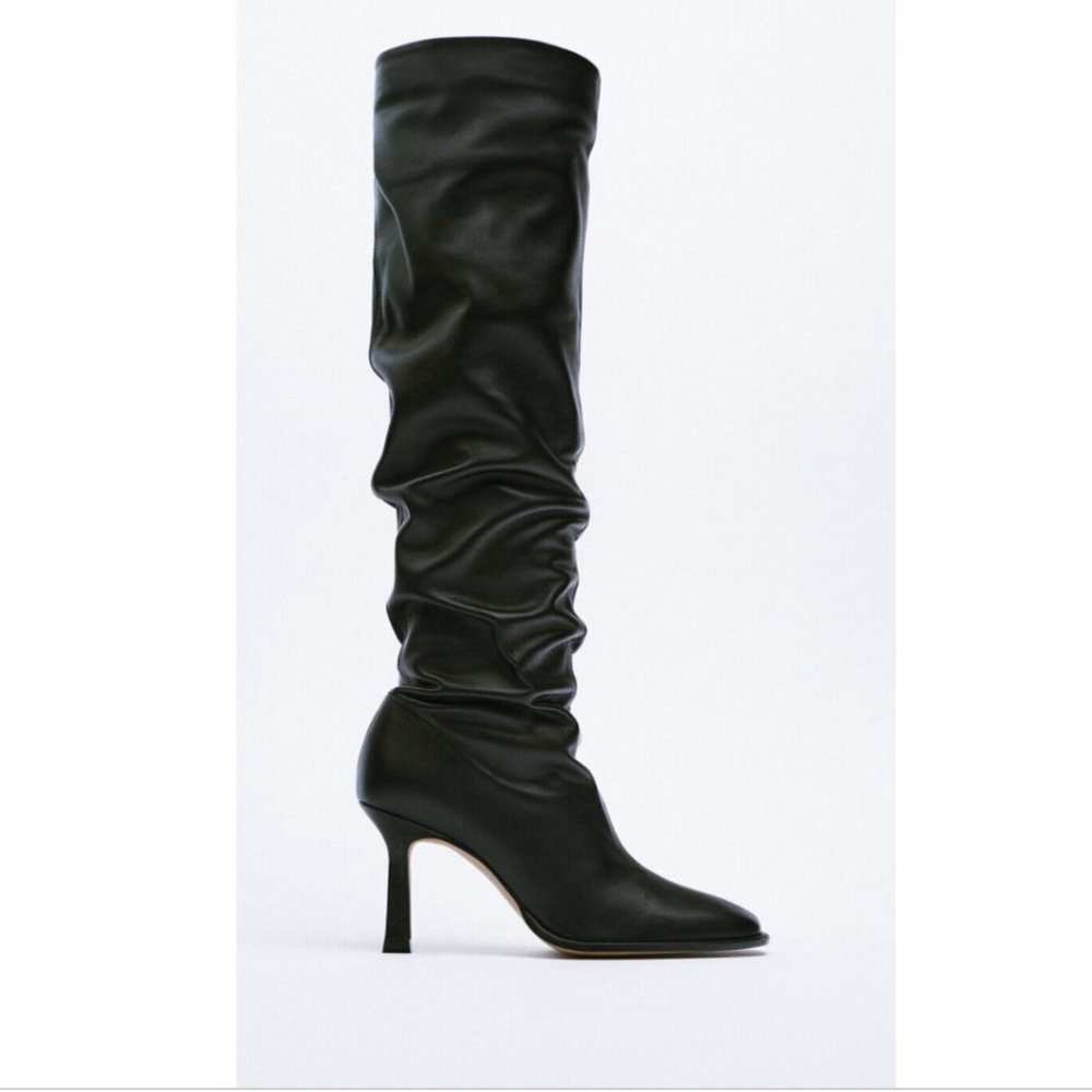 ZARA HEELED LEATHER KNEE-HIGH BOOTS BLACK